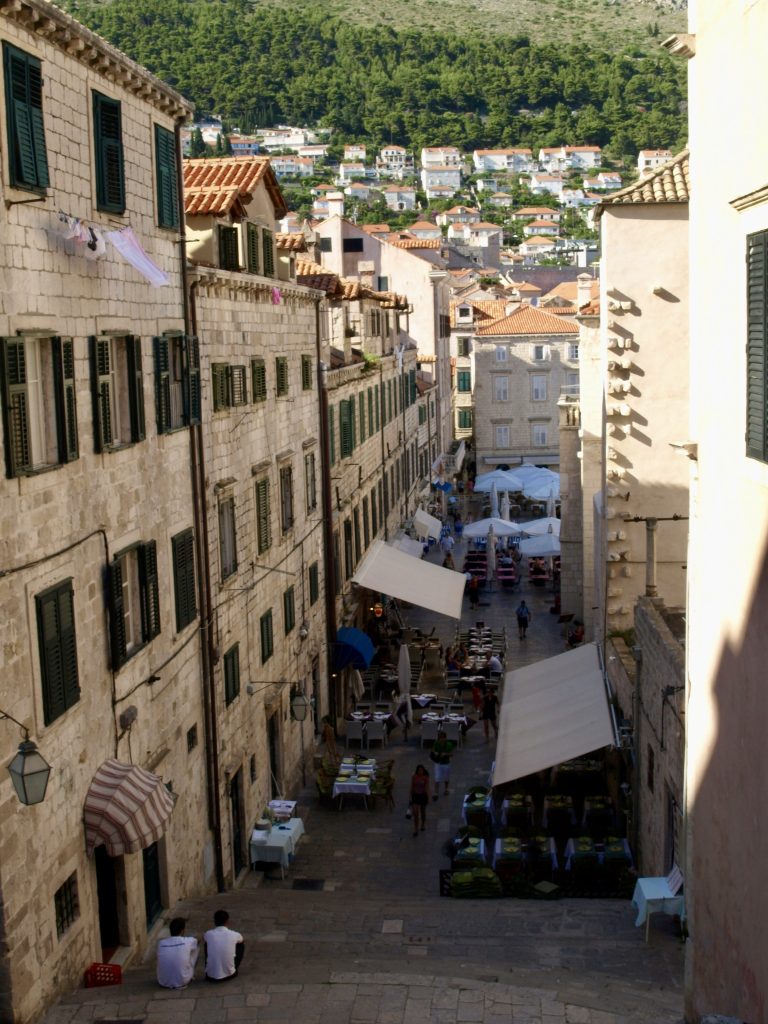 Looking down on the restaurants in one of the backstreets in Dubrovnik old town.