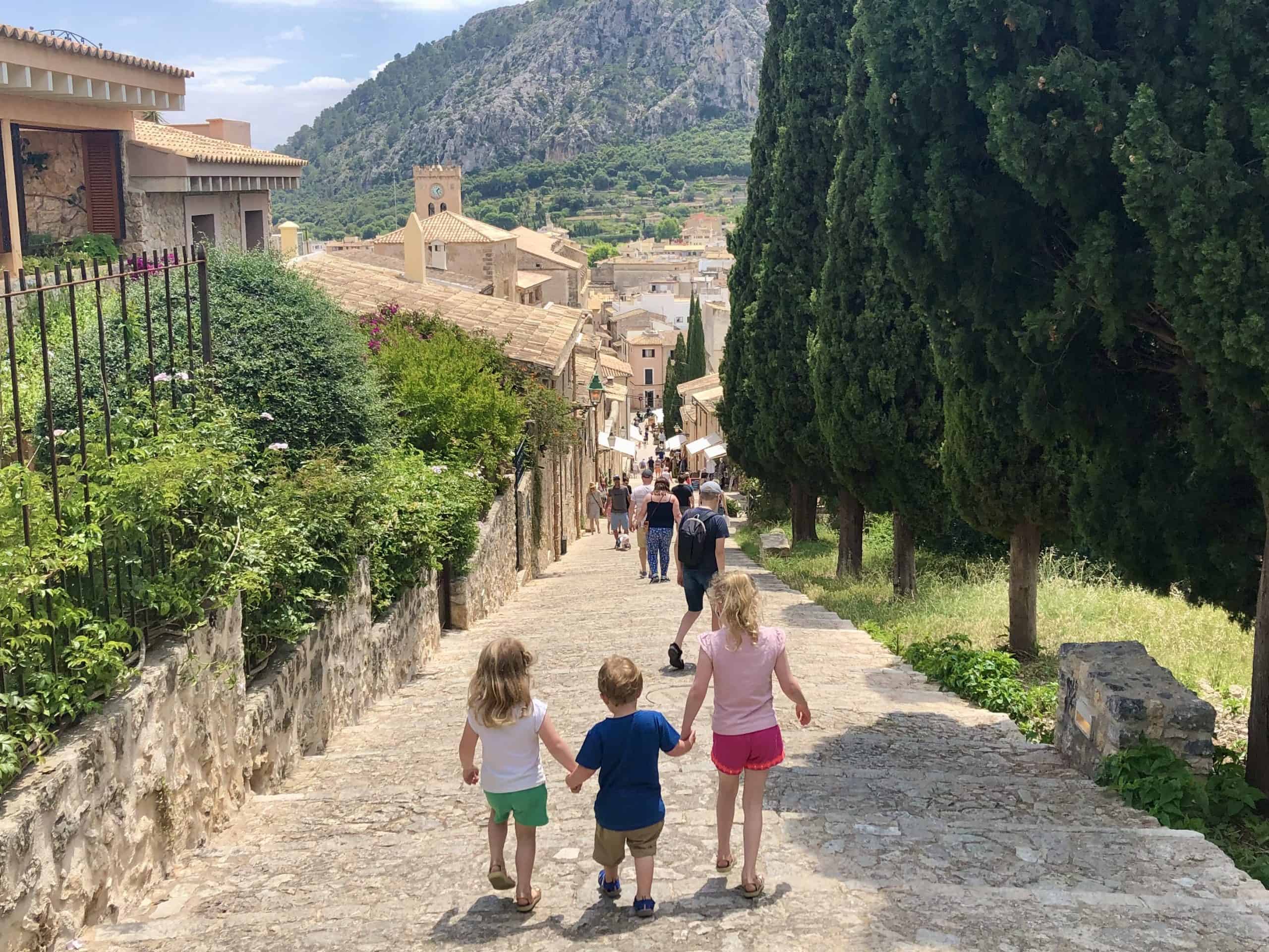Walking down the steps in Pollenca on our family holiday in Mallorca