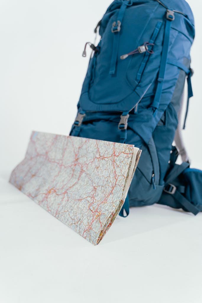 Backpack and map ready for a hike