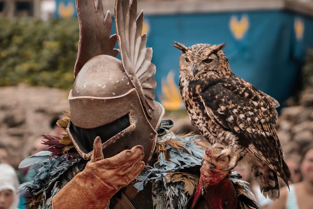A medieval knight in full armor holding a majestic owl, set in Les Epesses, France.