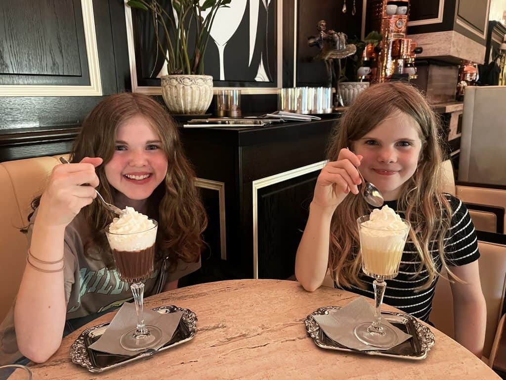 Chloe and Martha enjoying hot chocolates in Fontana bar in Kosice.