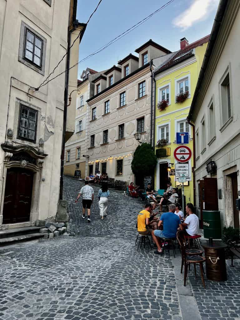 Walking up the steep streets that lead to Bratislava castle. 