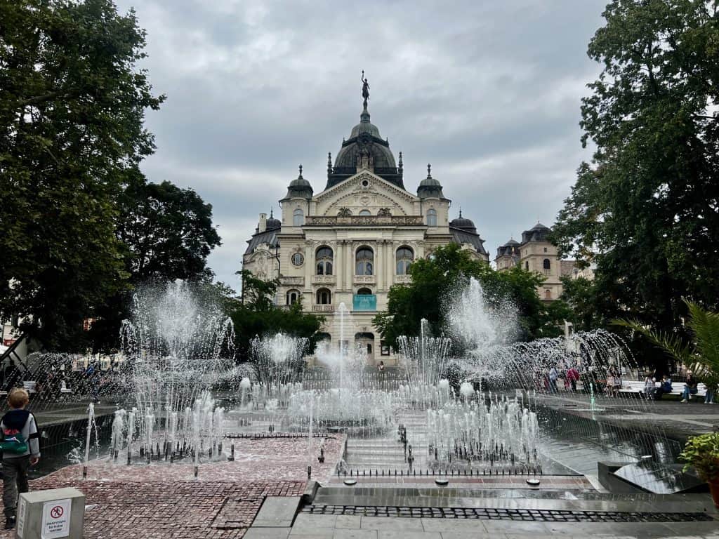 View of the National Theatre Kosice behind the magic fountains.