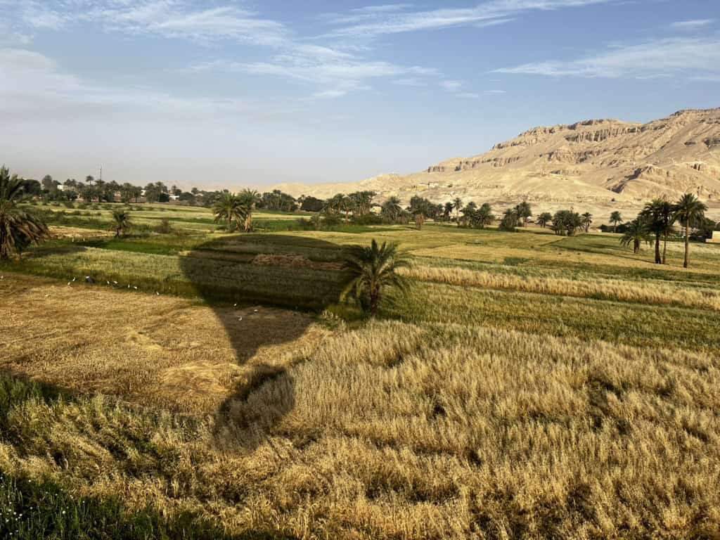 View of fields with moutains in the background and the shadow of a hot air balloon over the fields. 