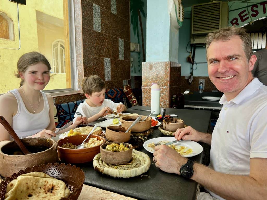 Adam, Chloe and Benjamin enjoying Egyptian food at Paris Restaurant in Luxor.