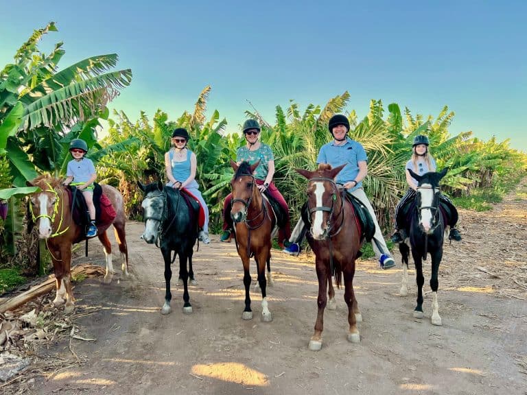 Family on horse back on a dirt track through a banana plantation in Luxor, Egypt.