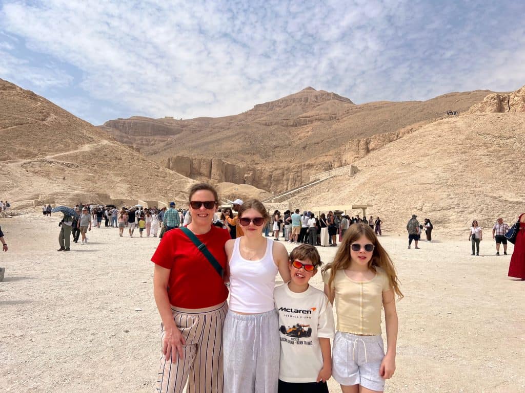 Mum and three children at valley of the kings in Luxor, Egypt.
