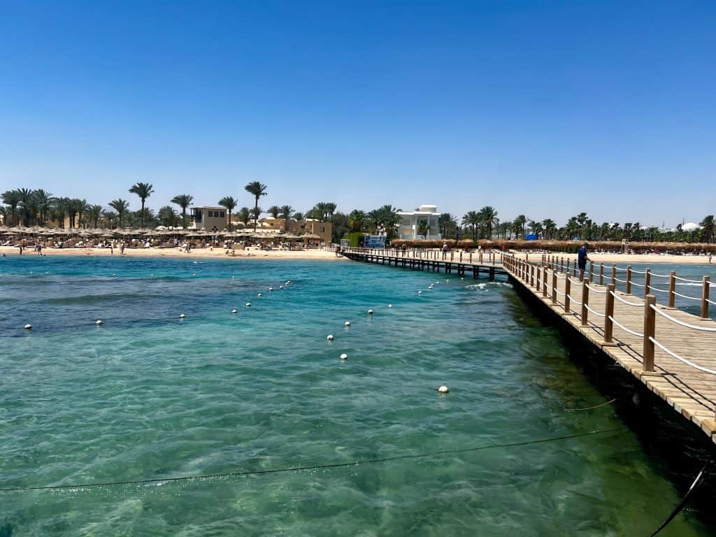 View of the beach and jetty at Makadi Bay