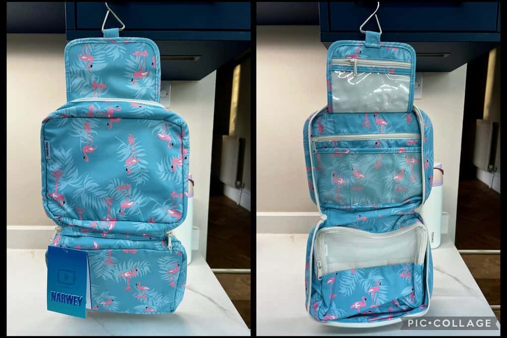 Hanging views of the Narwey wash bag in a blue flamingo print. Side by side photos showing both the front and back of the wash bag.